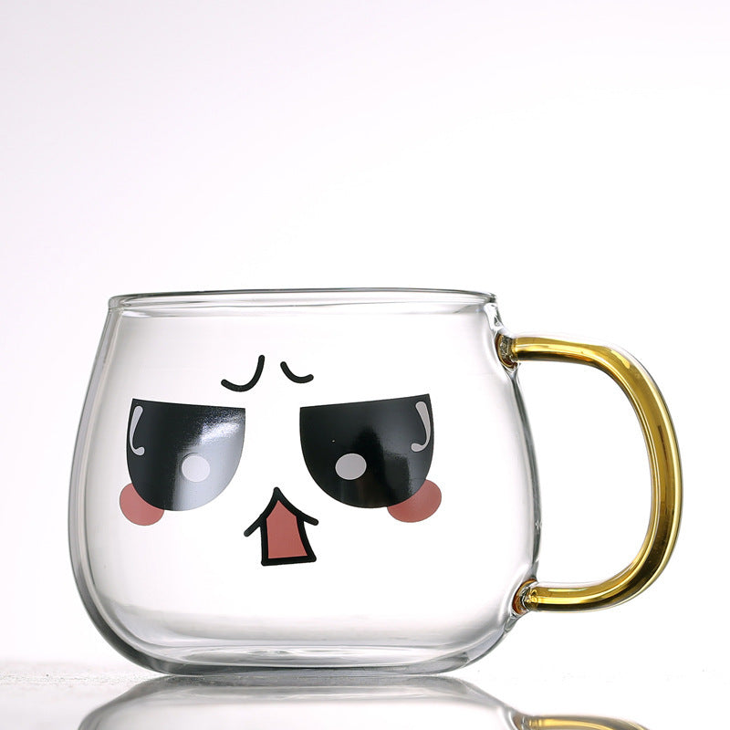 Cute Kawaii Emoji Glass Mug with Gold Handle Cute Glass Expression Coffee Cup Mug