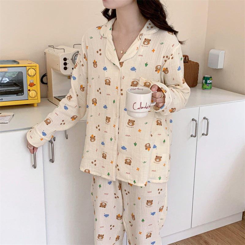 Cute & Cozy Animal/Character Print Pajama Set Pure Cotton Cartoon Long-sleeved Pajamas Set Letter Bear Homewear For Women