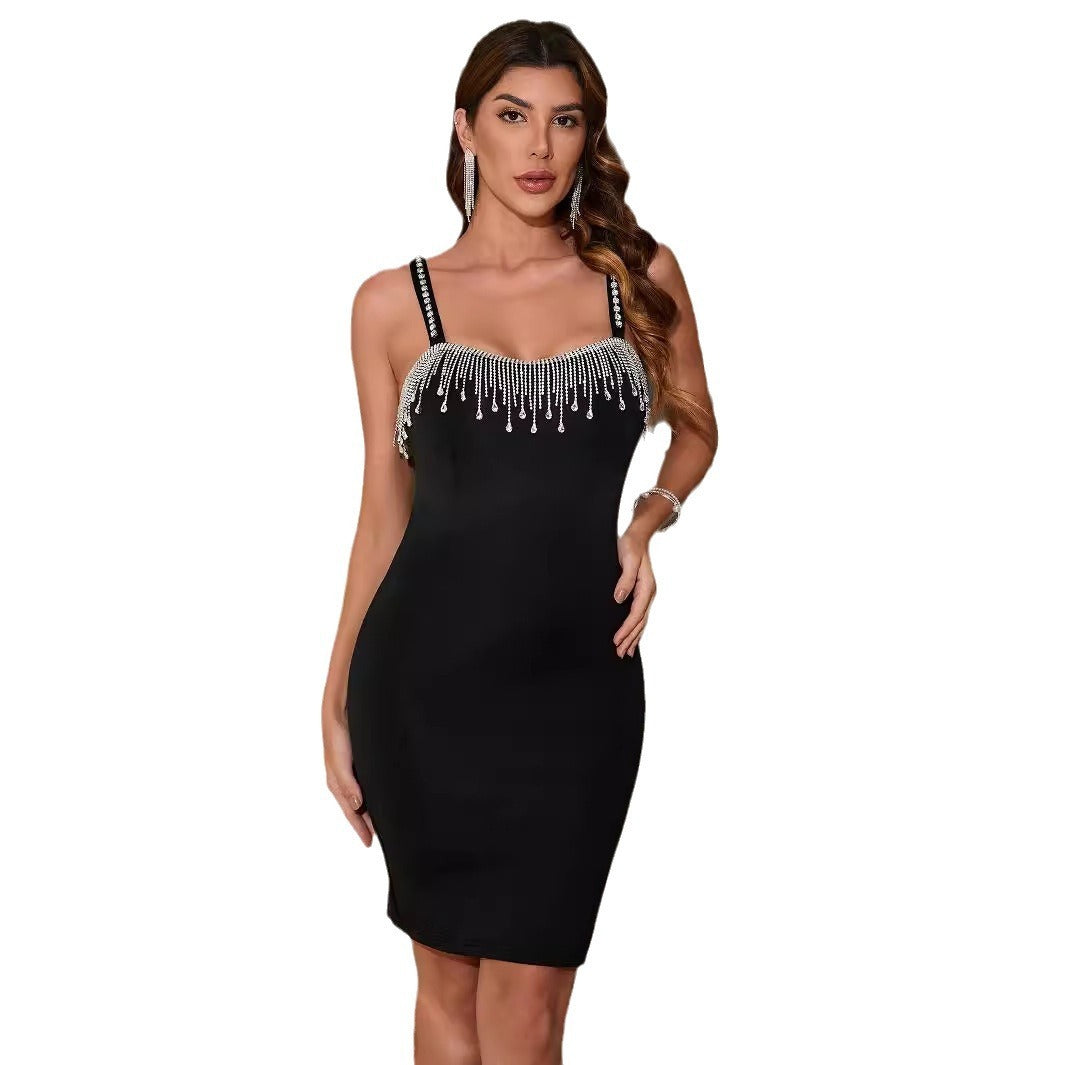Sexy Fringe Slit Sleeveless Bodycon Dress Summer Elegant Sling Short Mini Pencil Skirt