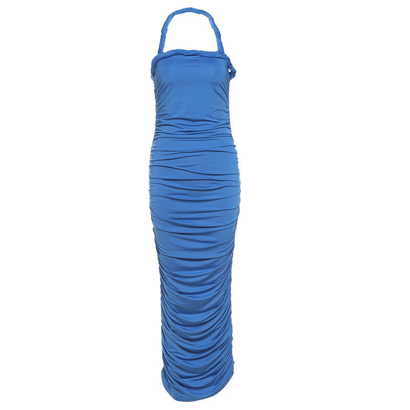American Adult Lady Like Woman French Sexy Pleated Suspender Sleeveless Backless Sheath Dress