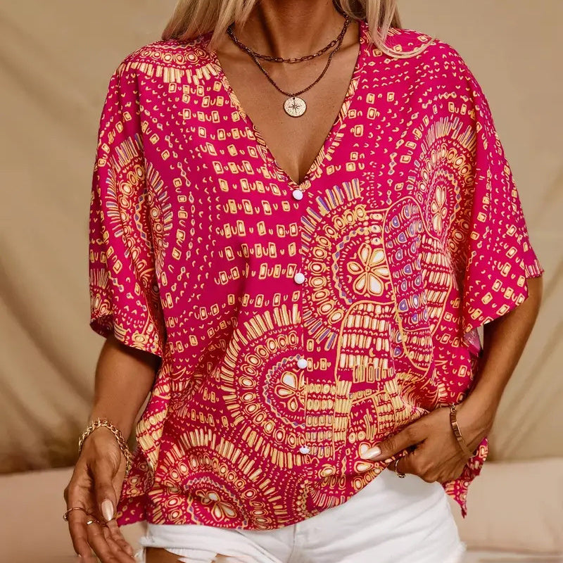 V-Neck Mandala Print Blouse Short Batwing Sleeve Casual Vacation Top