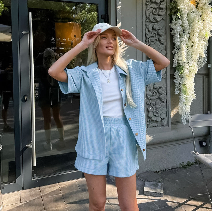 Two Piece Linen-Look Lounge Set | Short Sleeve Top & High Waist Shorts Fashion Lady Waffle Loose Outfit