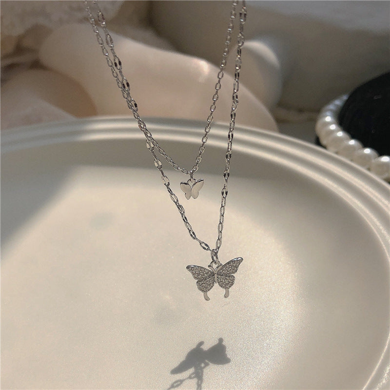 Sparkling Crystal Butterfly Double Chain Necklace Fashion Jewelry Double Butterfly Necklace Gold Plated Butterfly Pendant Engagement Necklaces For Women Animal Jewelry Anniversary Gift