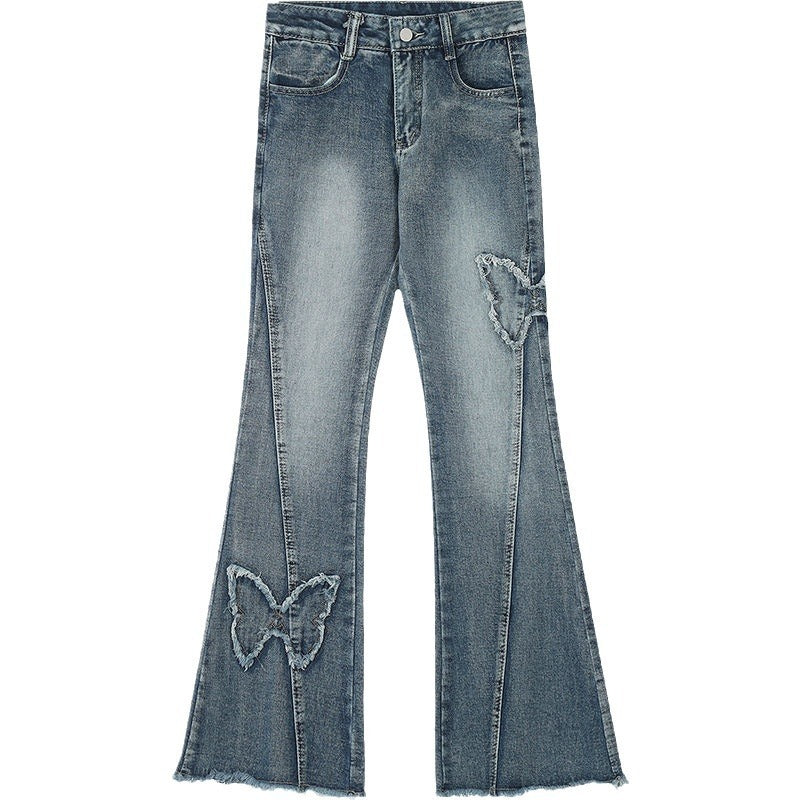 Butterfly Bliss – Flared Denim with Y2K Edge American Retro Butterfly Embroidery Slightly Flared Jeans Women