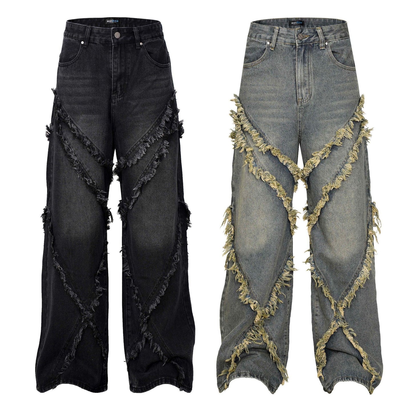 Vintage Patchwork Distressed Wide-Leg Jeans – Y2K Streetwear Denim Wash Distressed Stitching Jeans With Whiskers Same Style For Men And Women