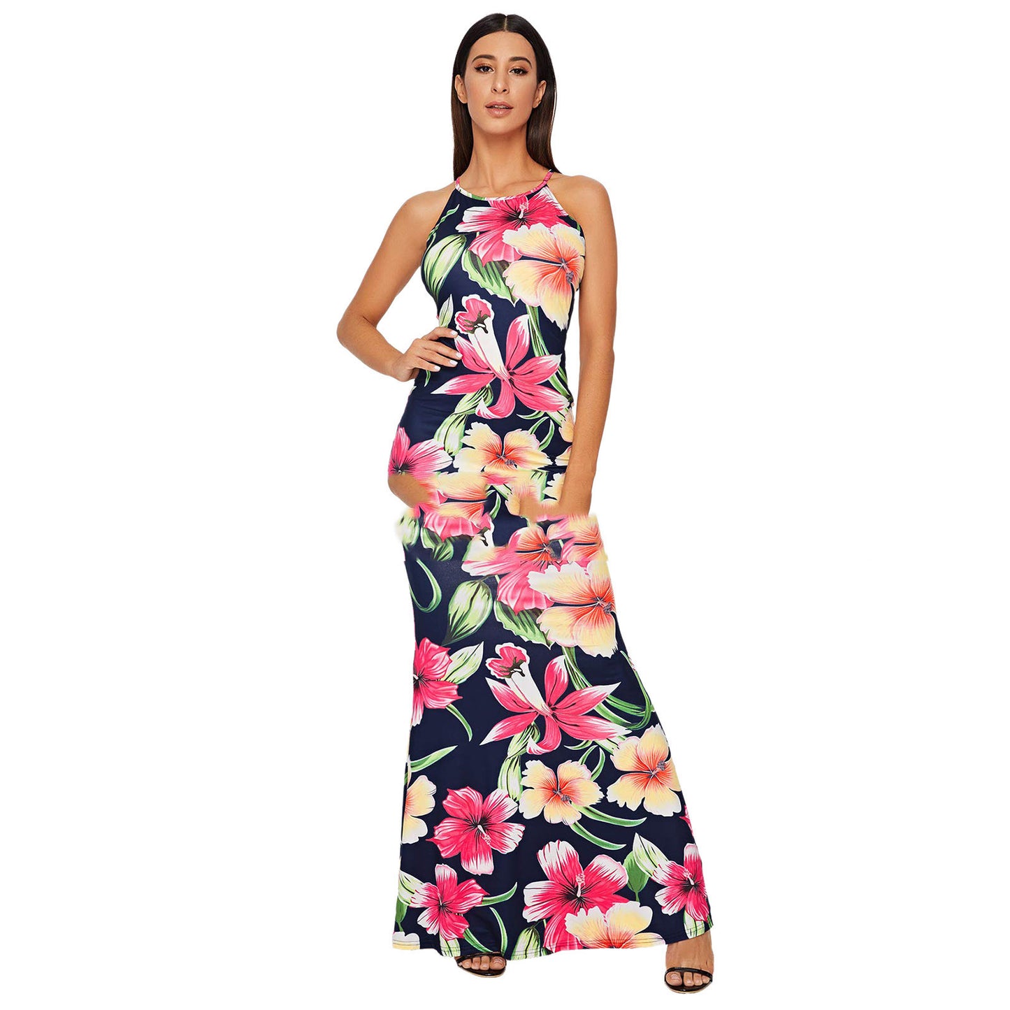 Corset Milk Silk Maxi Suspender Print Bodycon Dress For Women's