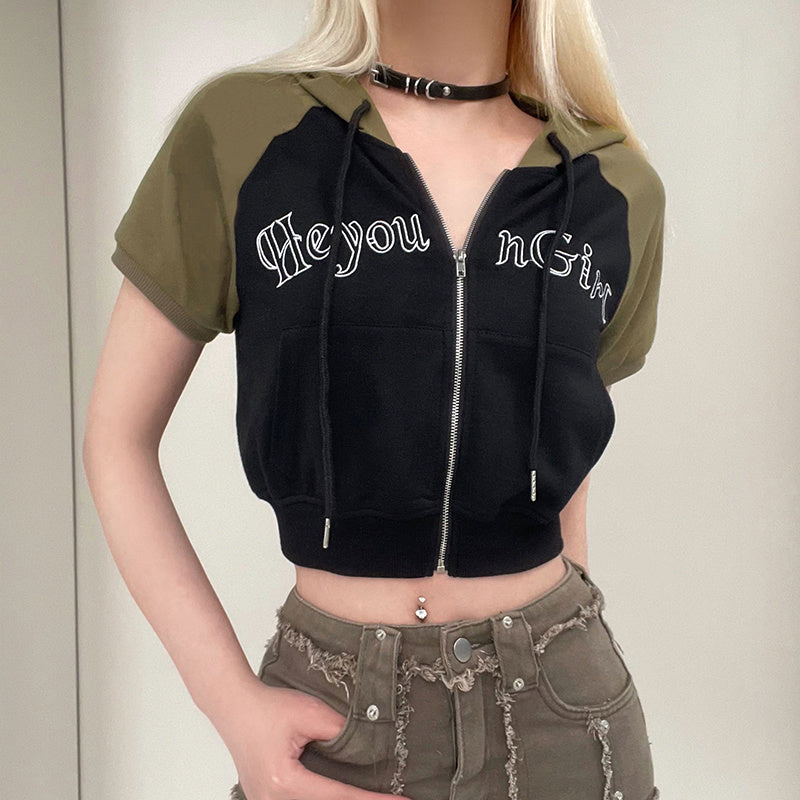 Raglan Contrast Short Sleeve Hoodie Versatile Top