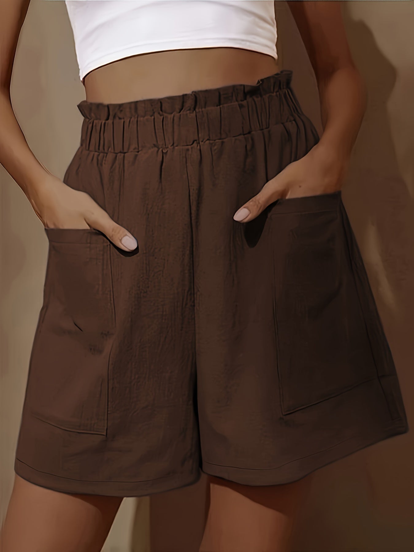 Loose Wide Leg Cotton Material Pocket Solid Elastic High Waist Shorts