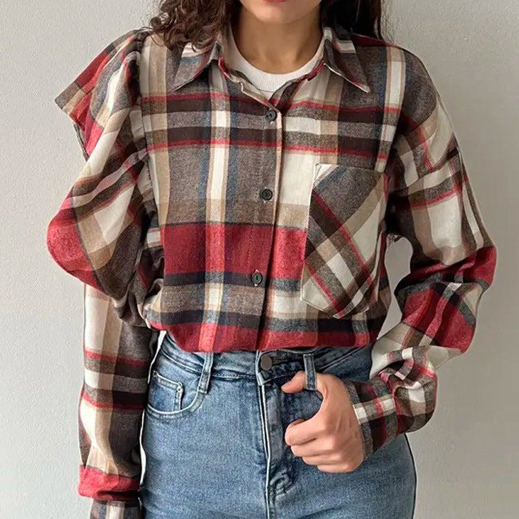 Plaid Lapel Long Sleeve Cardigan Shirt For Women's