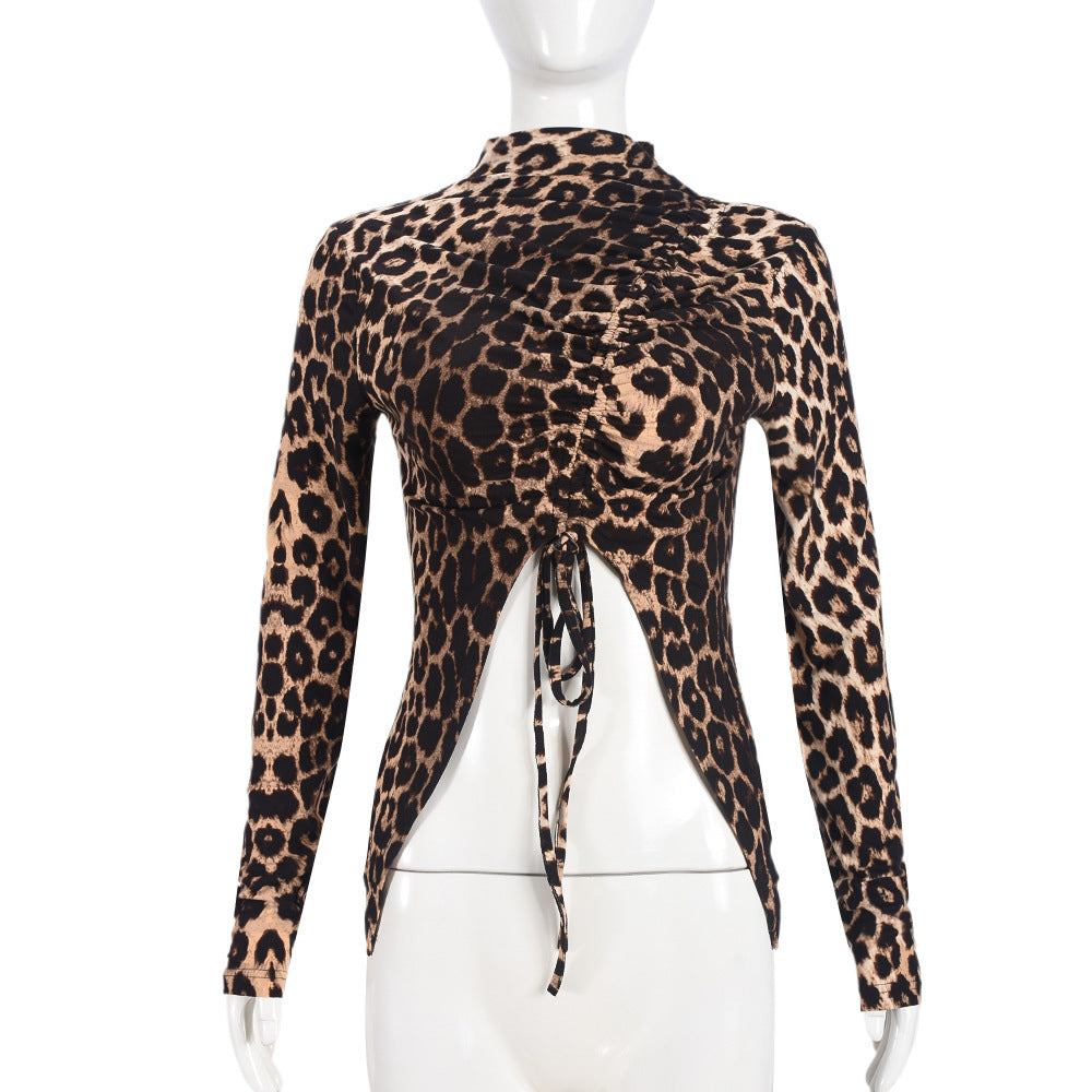 Leopard Print Drawstring Versatile Tight Long Sleeved Top