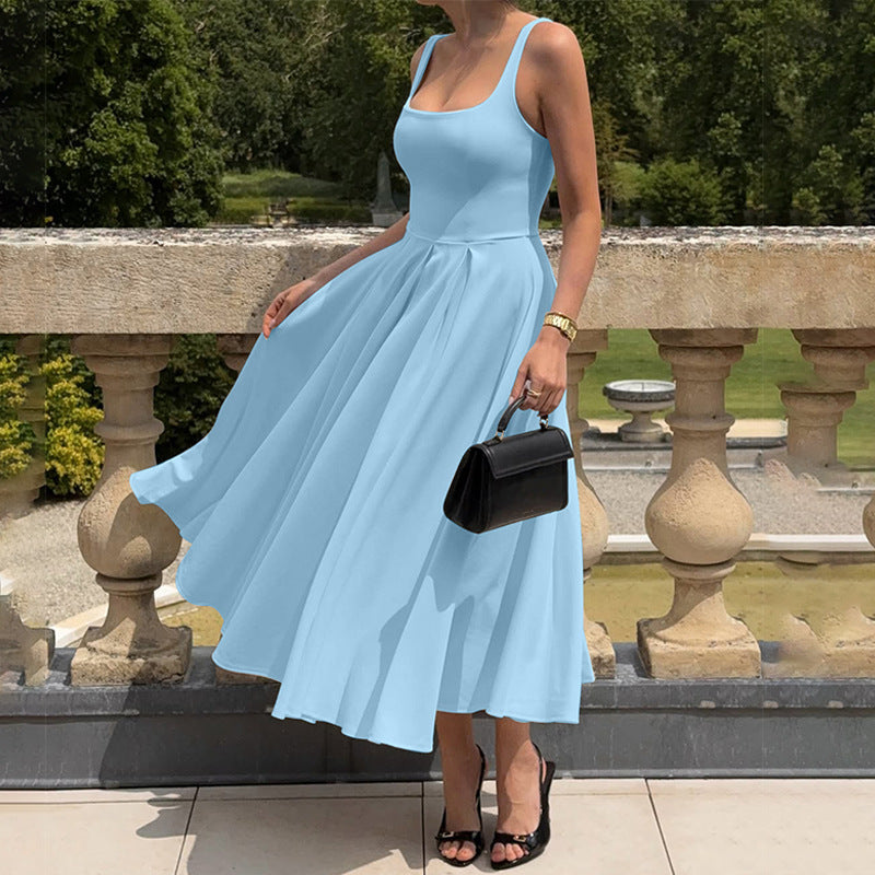 Square Collar Sleeveless Waist-slimming Long Dress Pleated Suspender