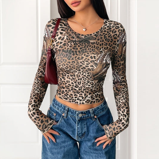 Vintage Leopard Print Long-sleeved Top Women's