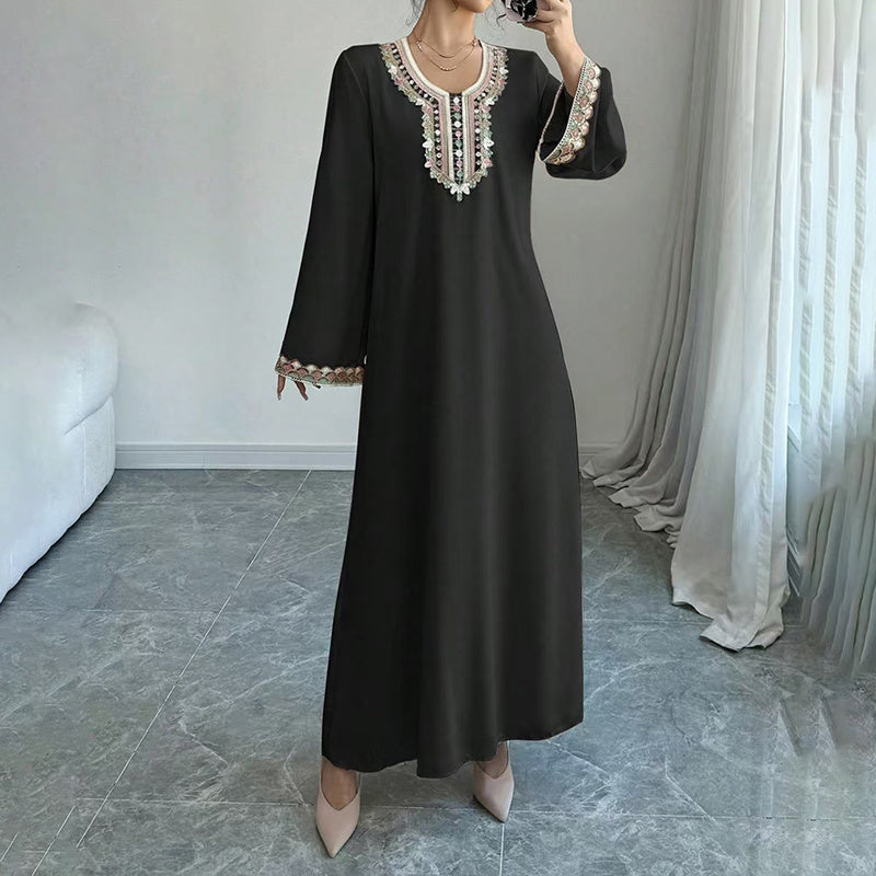 Middle Eastern Embroidered Maxi Dress - Round Neck Long Sleeve Flowy Kaftan With Exquisite Embroidery, Loose Fit