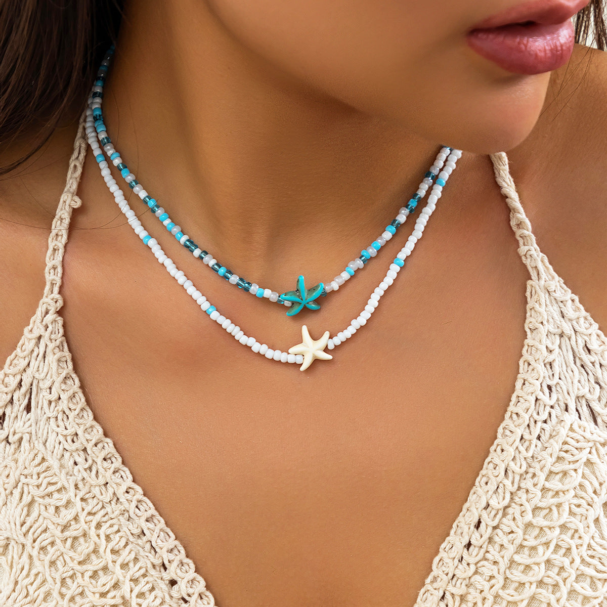2-Layered Boho Beach Necklace – Starfish & Shell Charm Beaded Choker For Women's