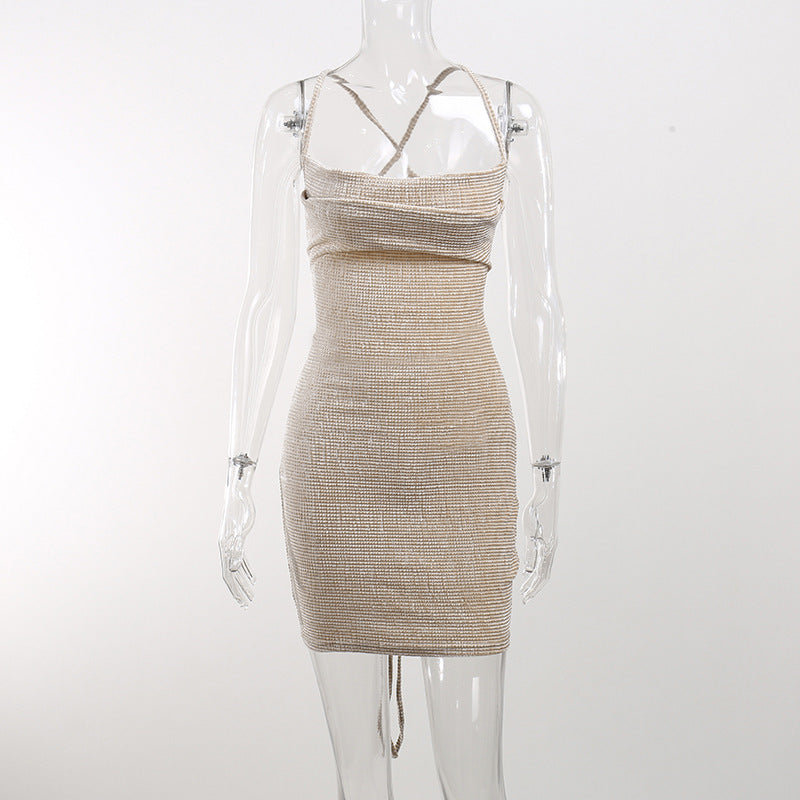 Elegant Bodycon Solid Color Knitted Halter Spaghetti Straps Dress