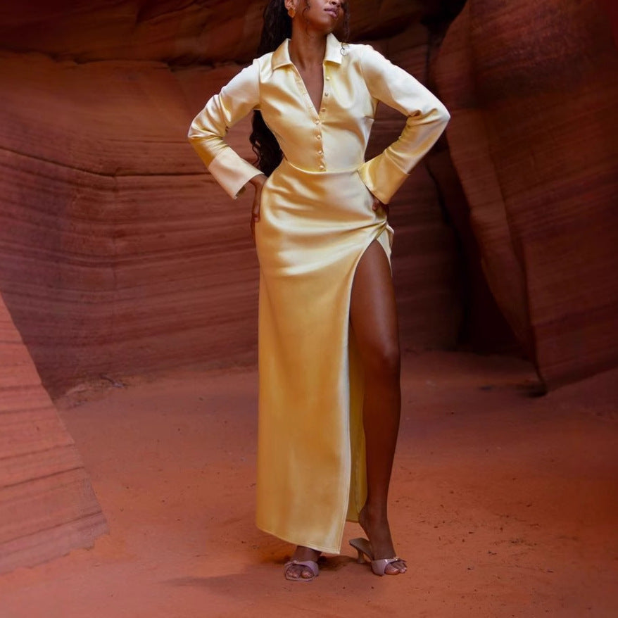 Luxurious Silky Long Dress with Classic Collar & Slit Detail Women's Satin Dress Long Sleeve Split