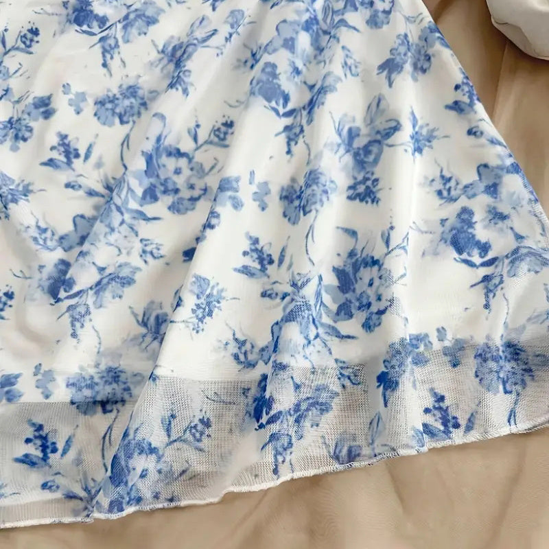 Boho Floral Print Mini Dress Spaghetti Strap Ruched Ruffle Hem Vacation Sundresses