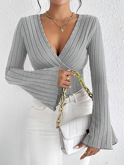 Autumn And Winter Rib Sunken Stripe V-neck Flared Slim-fit Long Sleeve T-shirt Elegant Women's Top