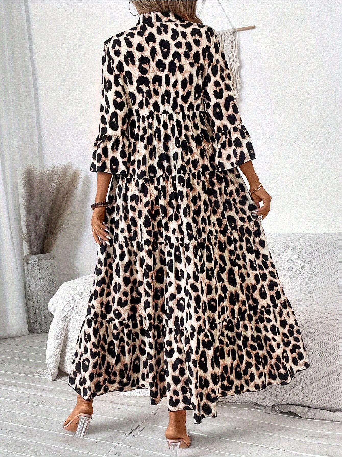 Leopard Print Mid-Sleeve Loose-Fit Casual Comfortable Maxi Dress - Flattering For Slimming
