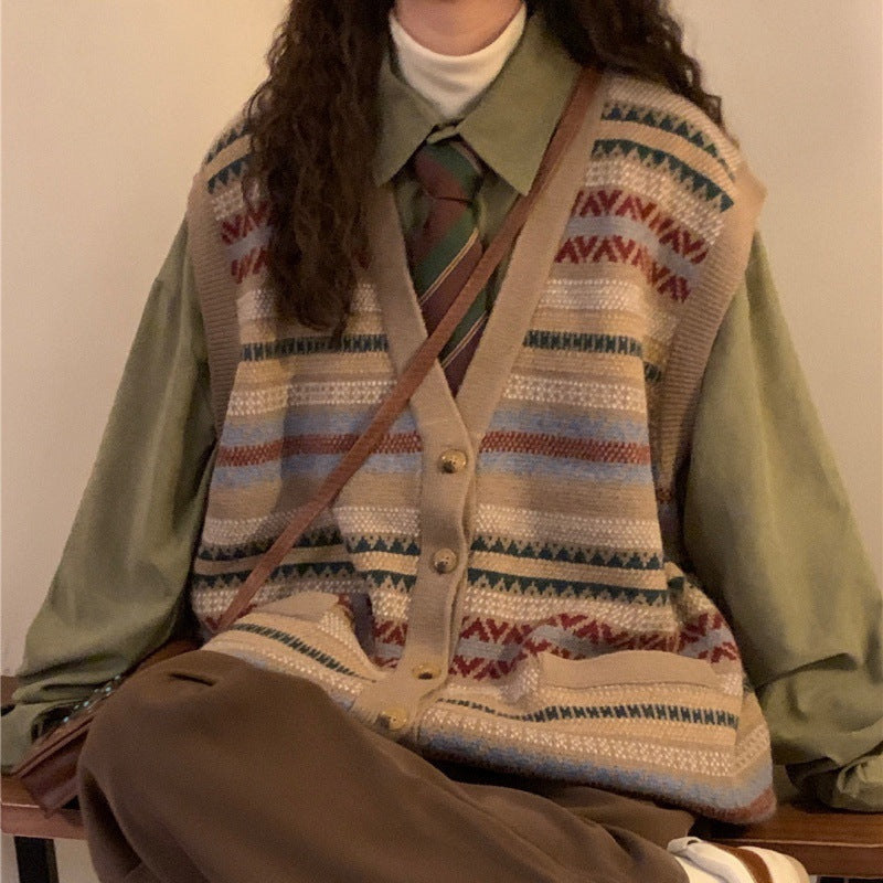 Retro Knit™ Vintage Patterned Sweater Vest – Cozy Academia Aesthetic Korean Style Loose Knitted Collar Top