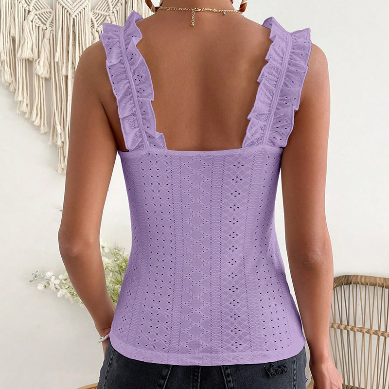 Ruffle Shoulder Square Neck Ribbed Knit Tank Top | Fitted Sleeveless Cami Women's Sleeveless Tank Tops Ruffle Strap Square Neck Eyelet Blouse Slim Fit