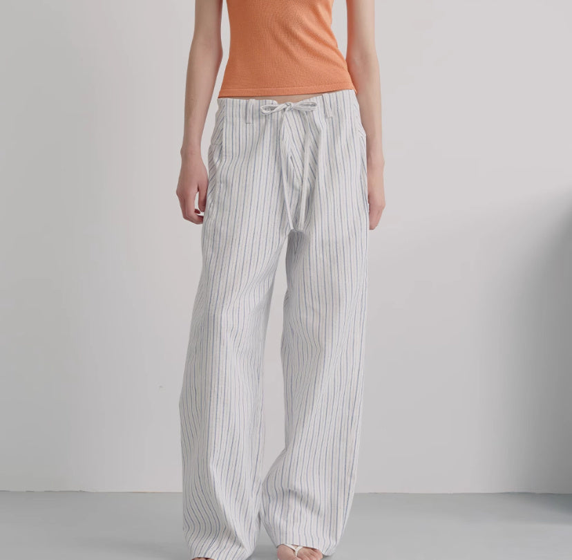 Striped Blue And White Drawstring Banana Pants