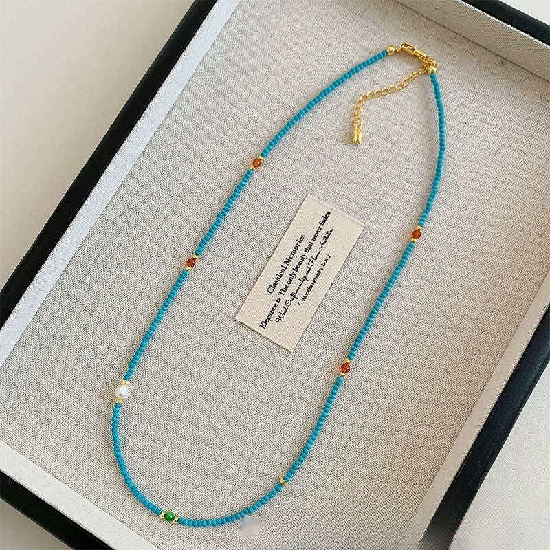 Natural Freshwater Small Pearl Turquoise Beaded Necklace