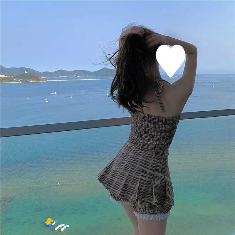 High Waist Pleated Mini Skirt with Matching Bralette Top Retro Plaid Strap Tank Top Women's Top Set
