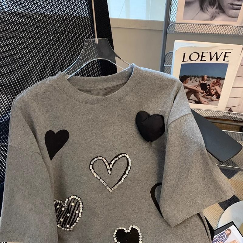 Gray Heart Shape With Diamond T-shirt For Women