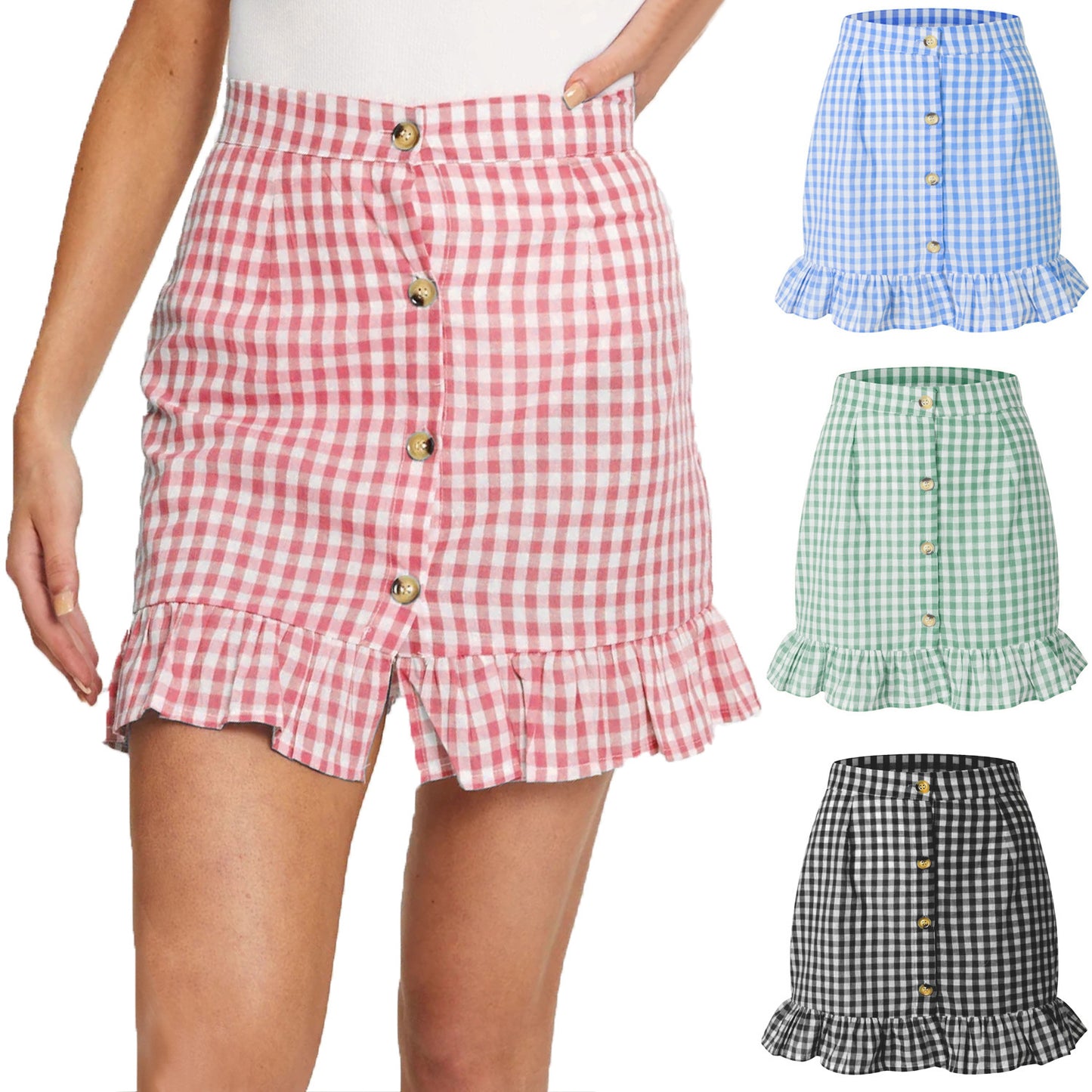 Plaid Lotus Leaf High Waist Skirt For Women's