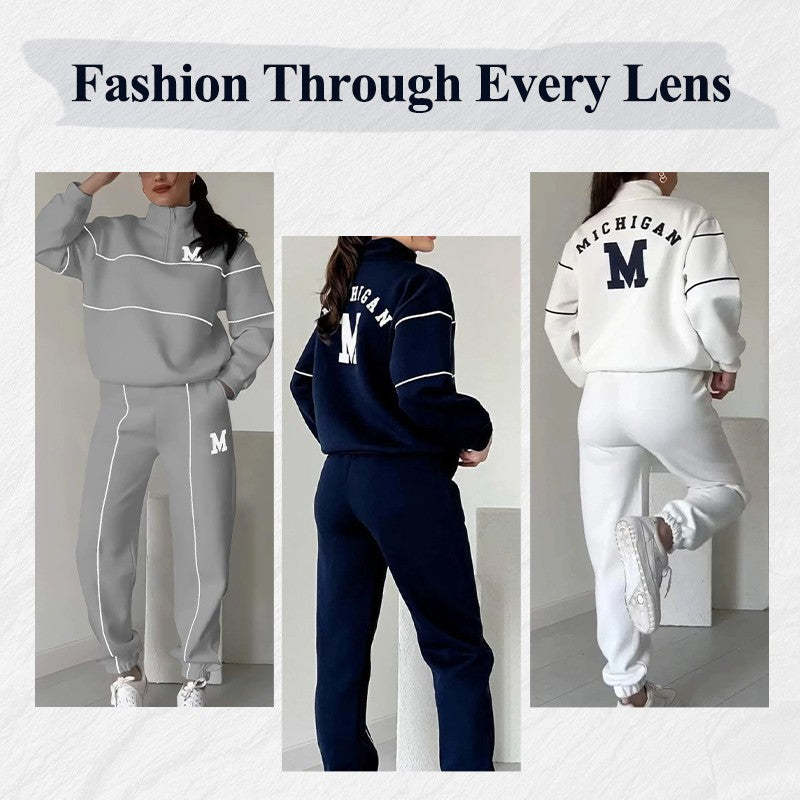 Michigan Varsity Lounge Set – Cozy Fit, Classic Edge Women's 2 Piece Outfits Lounge Hoodless Pullover Sweatshirt Sweatsuit Sets Sweatshirt Baggy Fashion Sweatpants With Pockets
