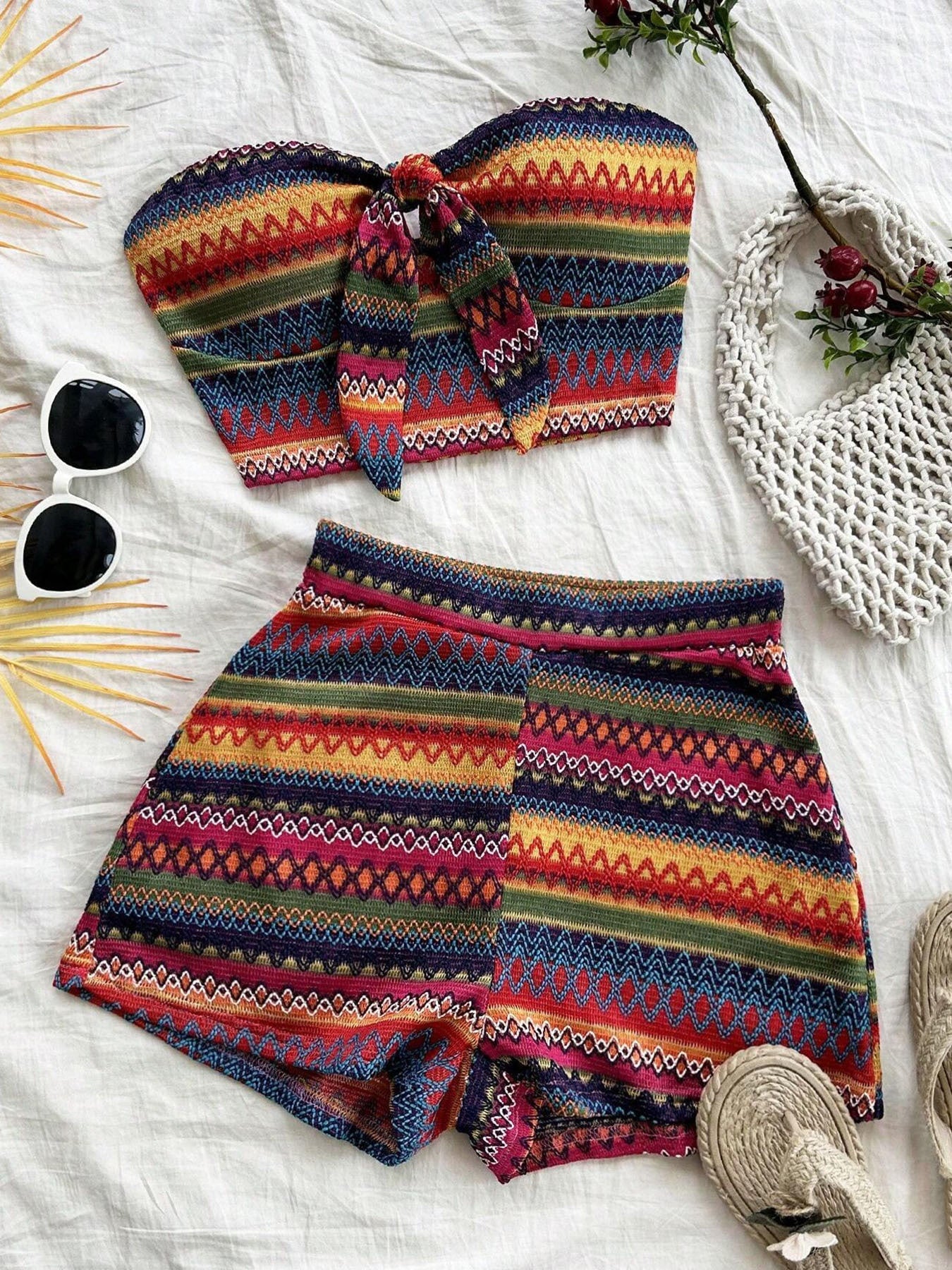 Women's Sexy 2pcs Set Summer Colorful Striped Elastic Suitable For Vacation And Daily Travel