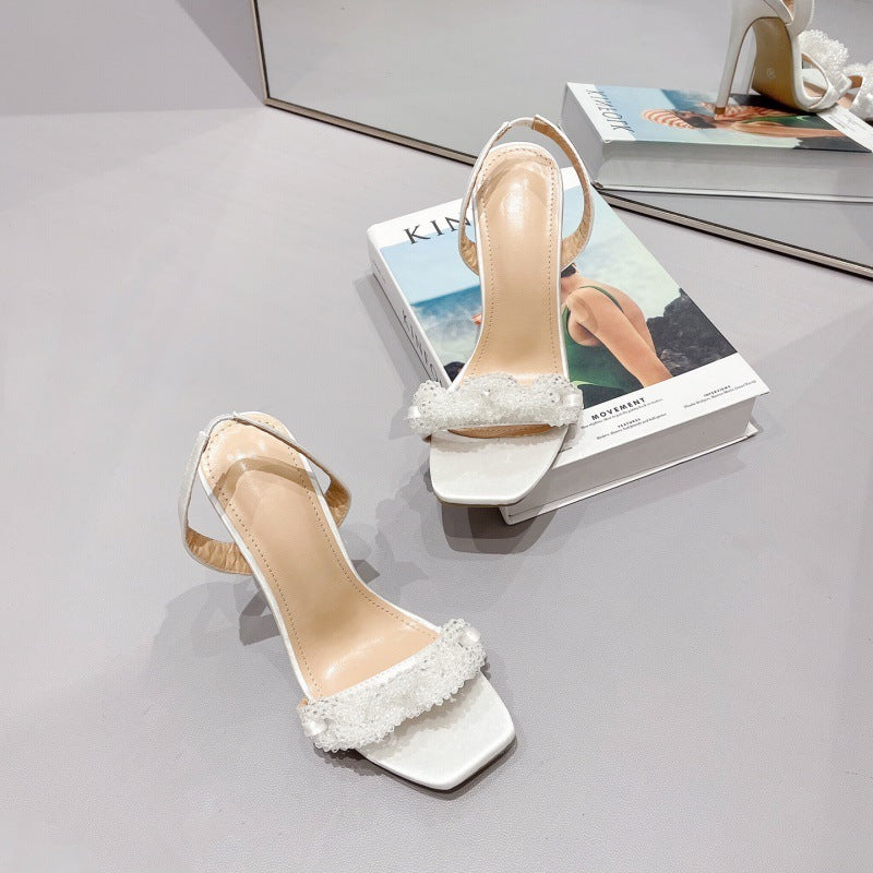 Crystal Beads Chain Pointed Stiletto Heel High Heel Sandals