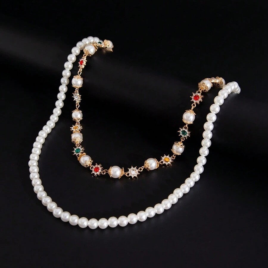 Stylish Pearl & Beaded Jeans Chain Women's Versatile Double Layer Metal Chain