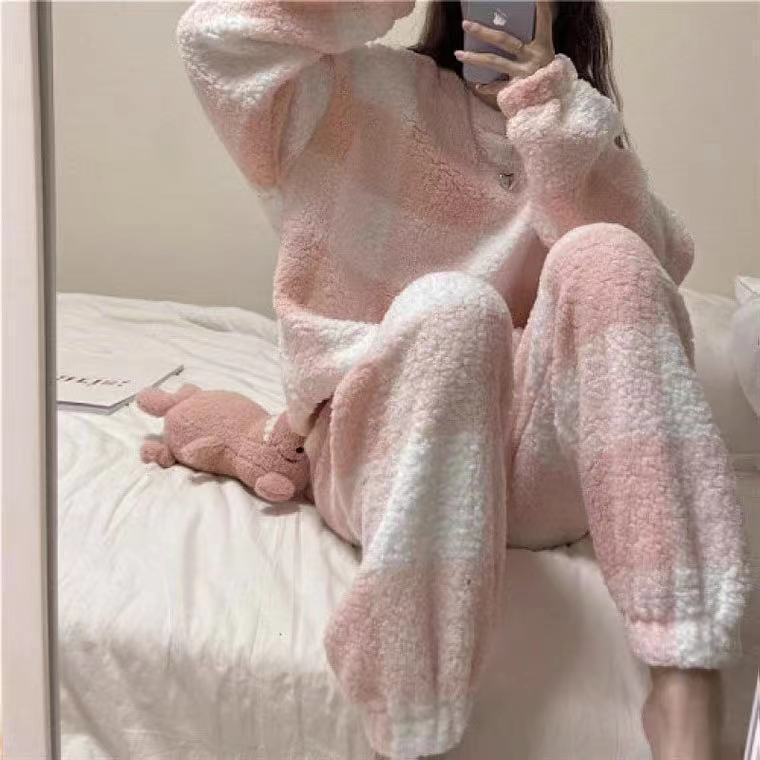 Ultra Soft & Cozy Fluffy Checkered Pajama Set Pajamas Flannel Korean Home Service Suit