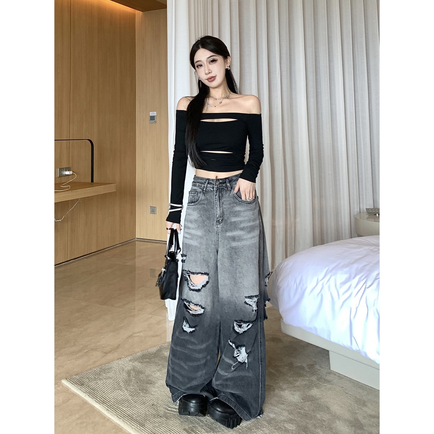Distressed Black Wash Wide-Leg Jeans – Street Rebel Fit Gradient Color Big Ripped Hot Girl Wide Leg Jeans For Women