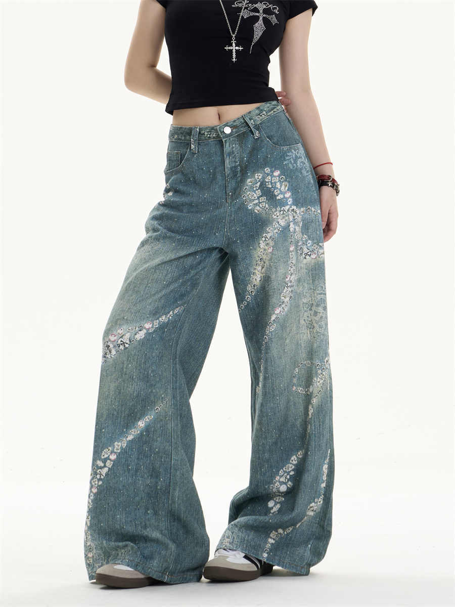 Retro Bowknot Printed Jeans Loose Wide-leg Pants