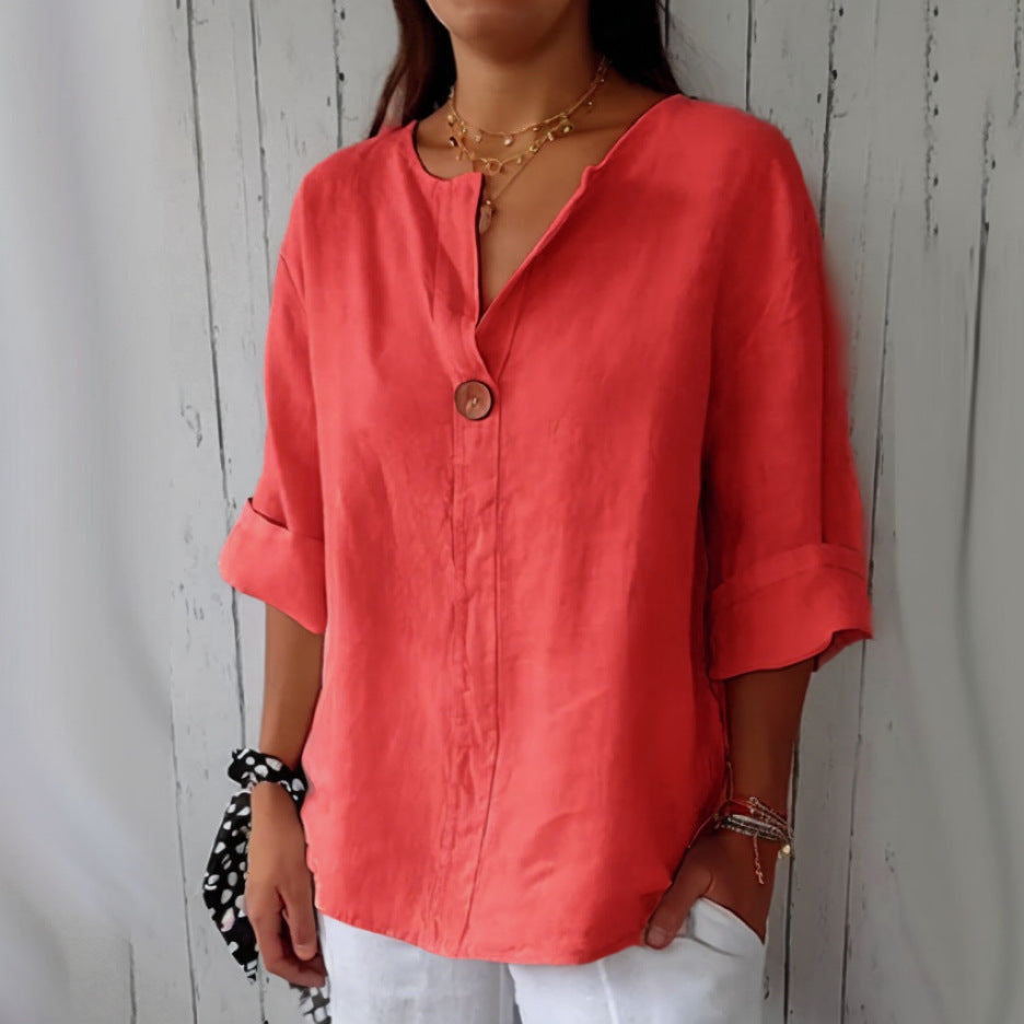 European And American Loose T-shirt Women's V-neck Cotton And Linen Button Top