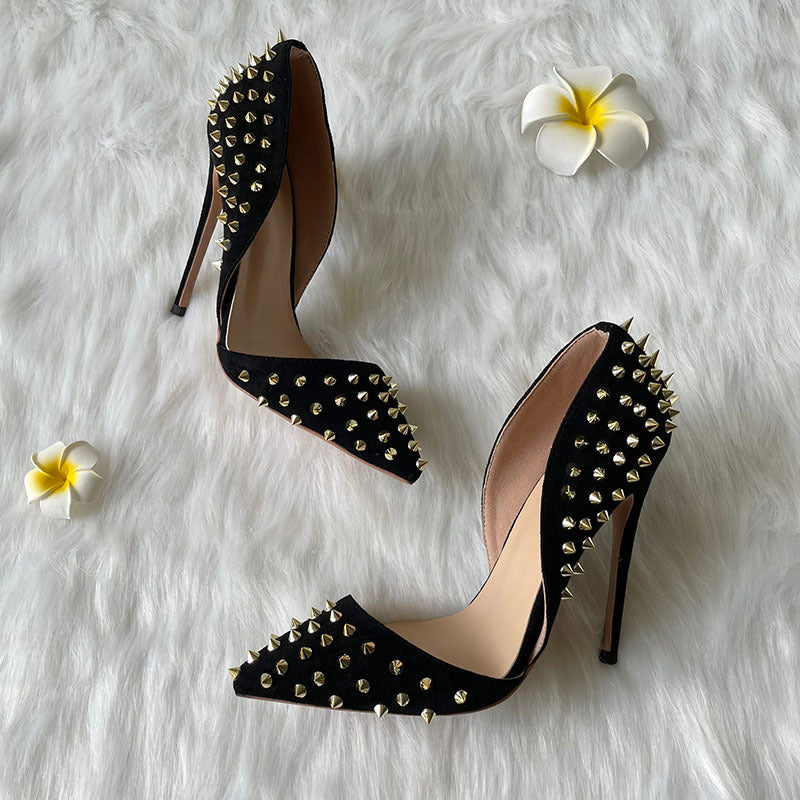 Fierce & Fabulous: Black Studded Stiletto Suede Gold Rivet Heels Shoes For Women's