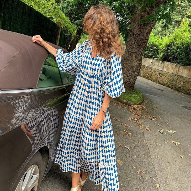 Summer Vintage Printed Bohemian Dress Elegant Ladies Casual Loose V-Neck Short Sleeve Long Dresses For Women's