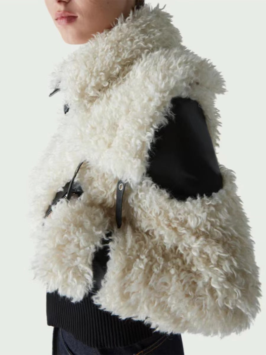 Lamb Wool Stitching PU Leather Zipper Jacket Women's