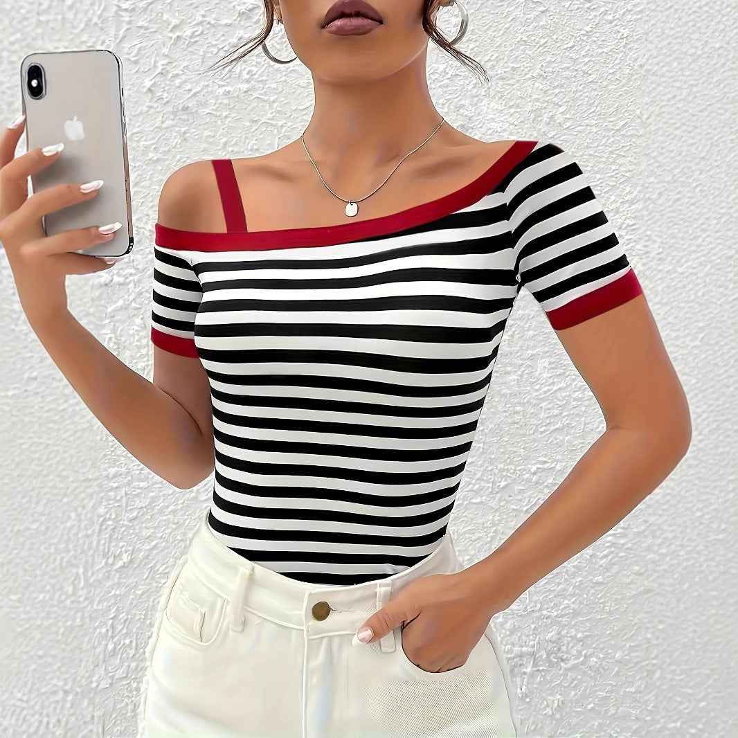 Summer New Contrasting Color Slanted Shoulder Short Sleeved Striped Top