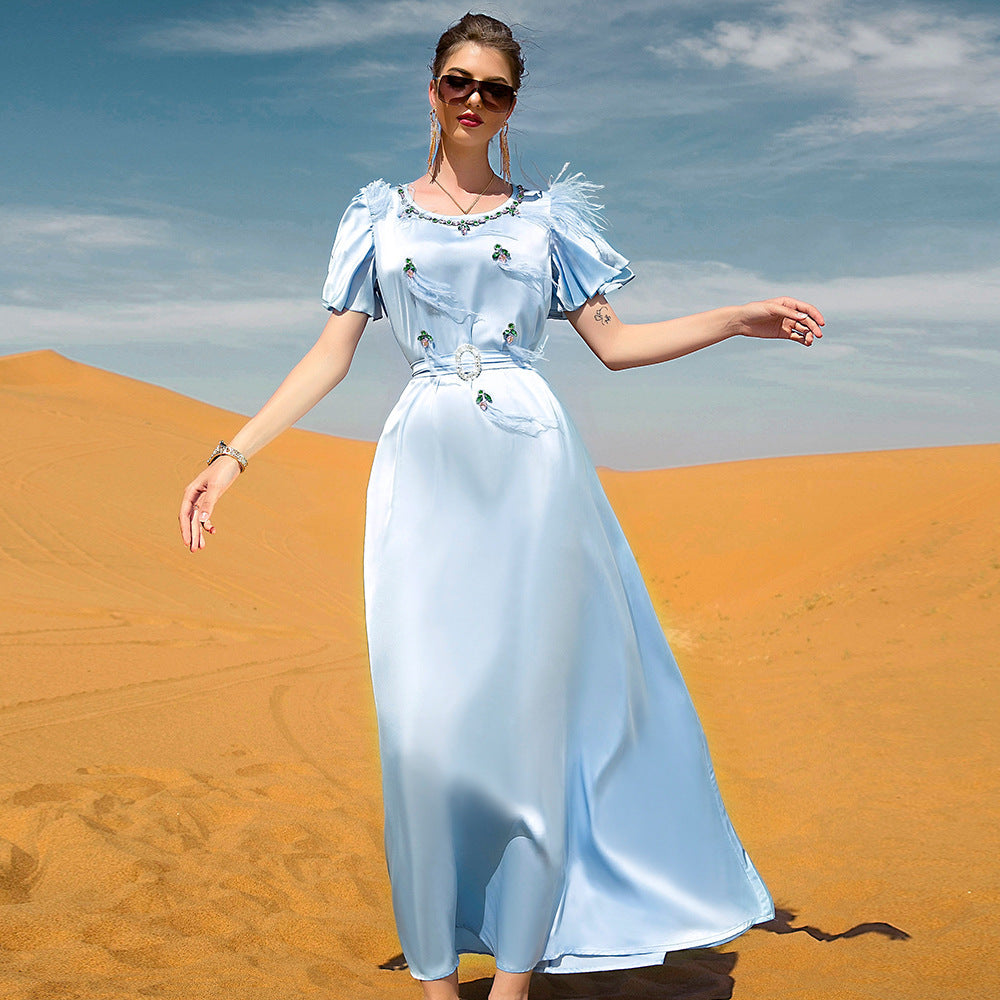 Elegant Light Blue Satin Maxi Dress with Floral Embellishments – Summer Collection Fashion Satin Ruffled Feather Dress