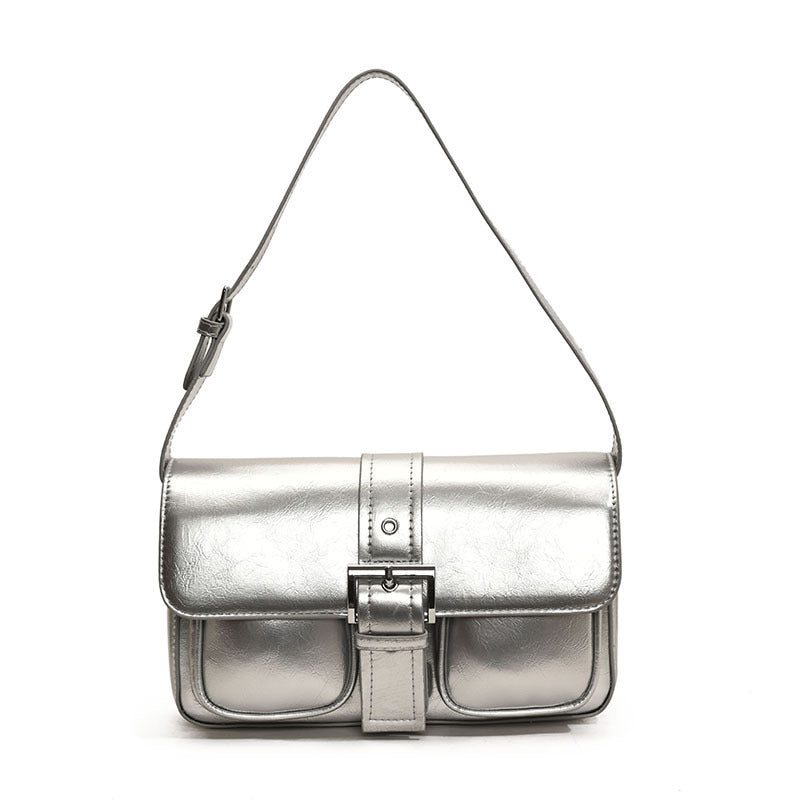 Retro Style Buckle Messenger Shoulder Bag with Front Pockets Simple Design Women's Bag Shoulder Fashion Handbag