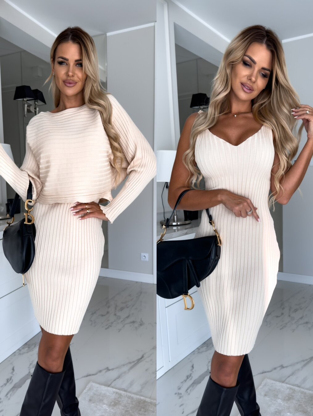 Cozy Knit 2-Piece Set – Effortless Fall-Winter Glam Suit Women's Solid Stripe Long-sleeved Top And Tight Suspender Skirt Fashion Autumn Winter Slim Clothing