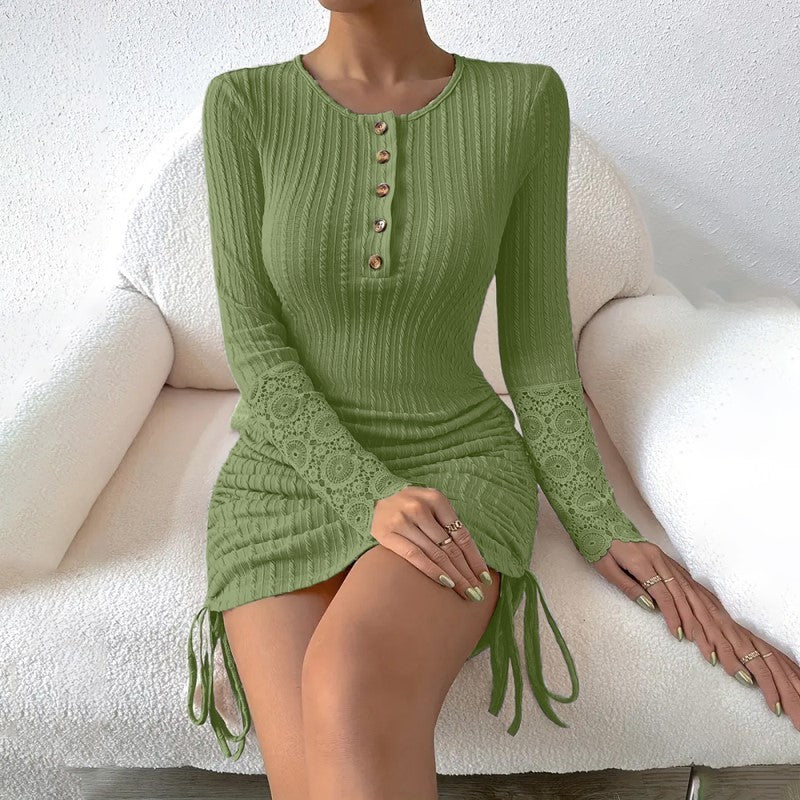 Elegant Bodycon Dress - Round Neck With Button Detail, Solid Color Long Sleeve Lace Cuff & Drawstring Hem Holiday Dress For Women's