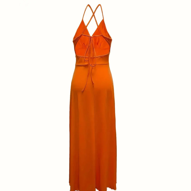Sexy Deep V Neck Maxi Dress Spaghetti Strap Sleeveless Backless High Slit Long Dress