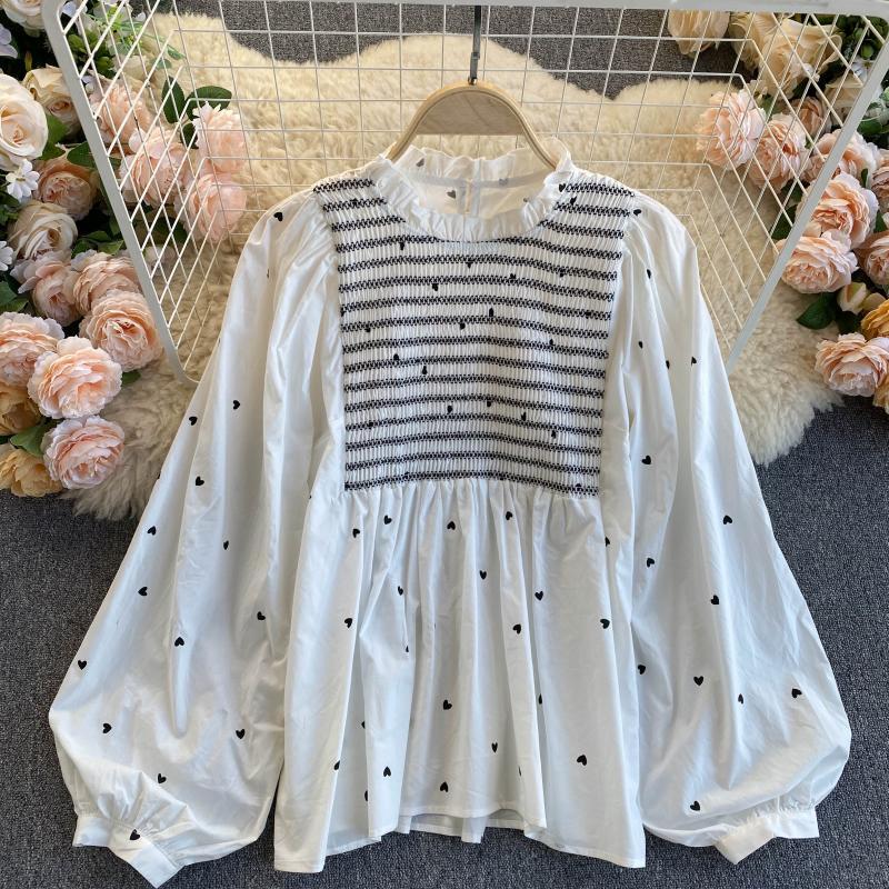 Boho-Chic Polka Dot Peplum Top with Ruffled Collar Korean Girl Puff Sleeve Top Women's Bottoming Shirt
