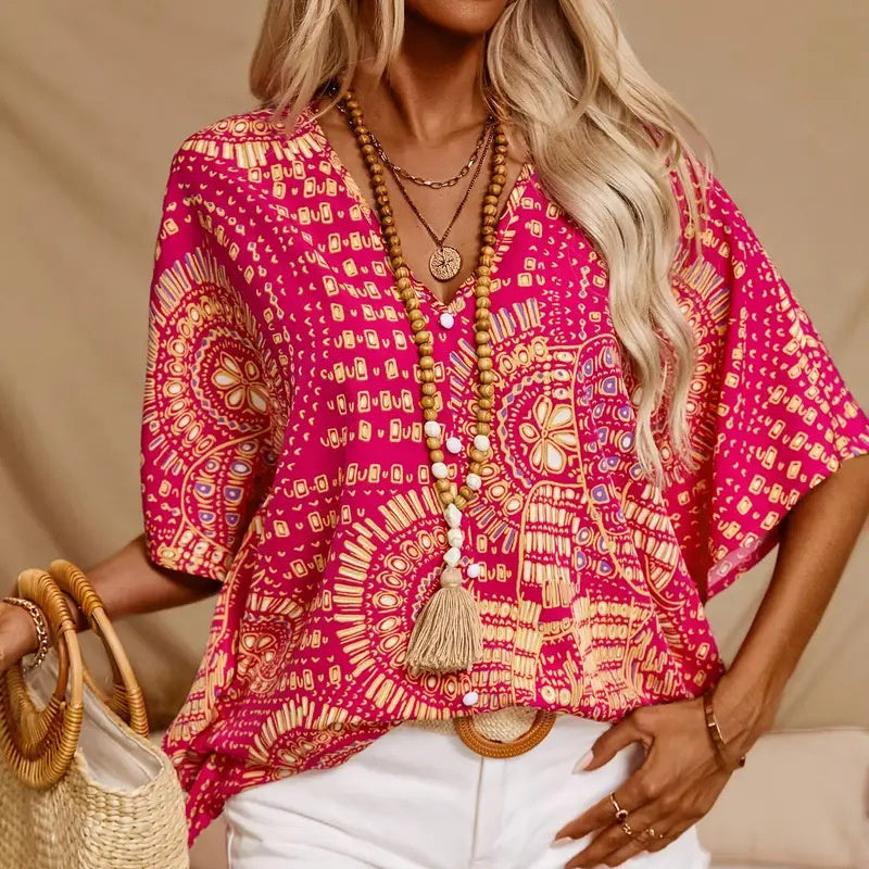 V-Neck Mandala Print Blouse Short Batwing Sleeve Casual Vacation Top