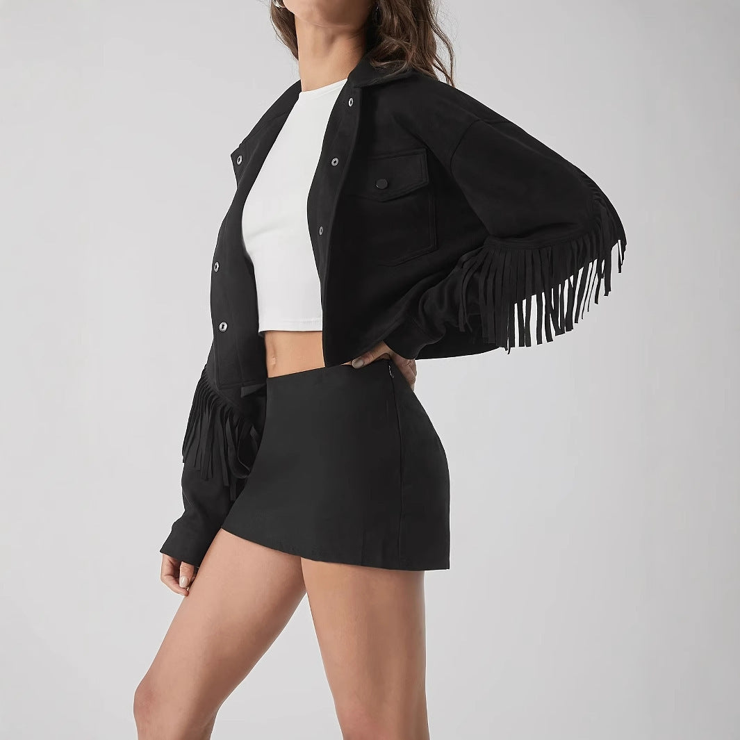 Solid Color Casual Fringe Decoration Long Sleeved Jacket